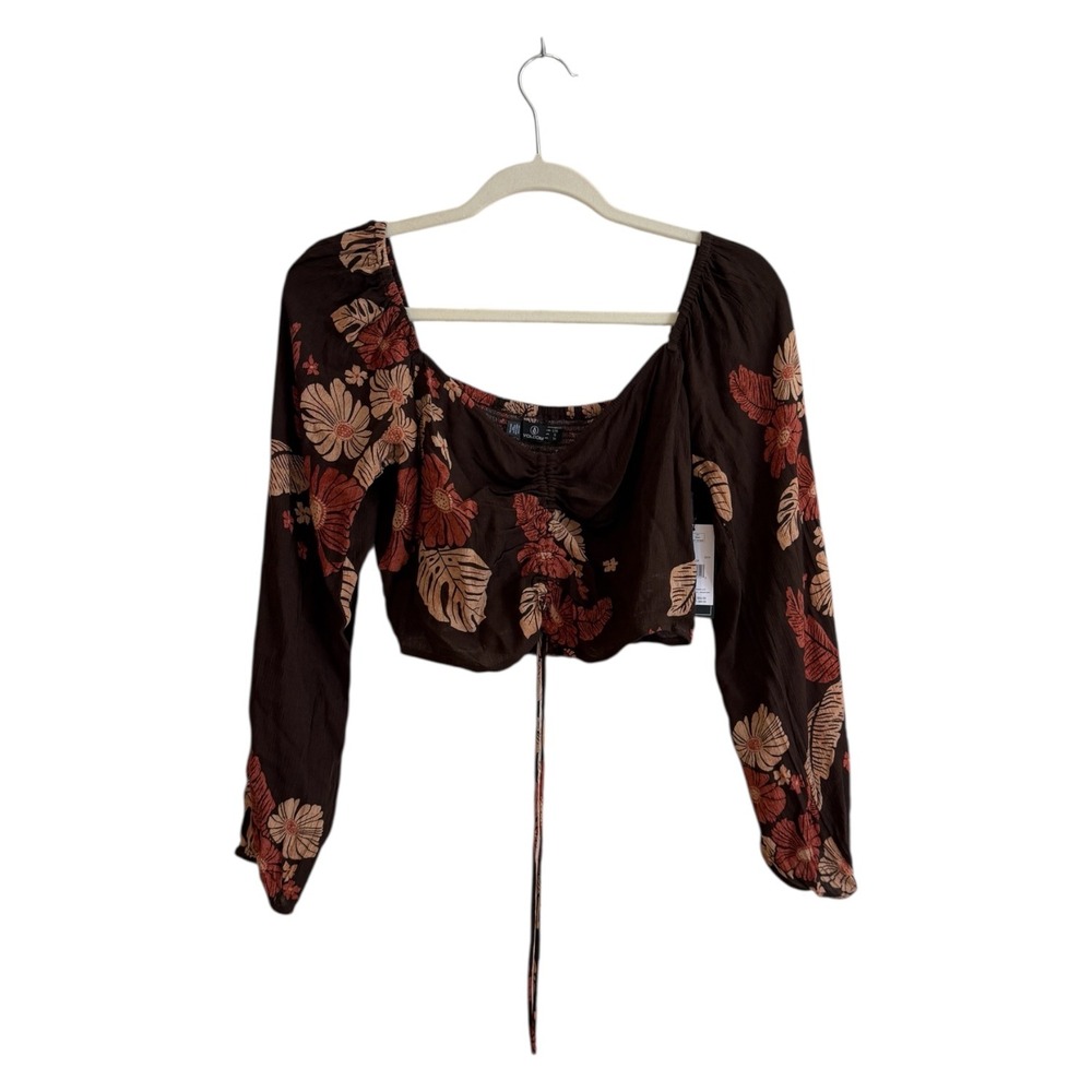 Volcom Over The Sea Top Women L Brown Floral Long Sleeve Smocked Crop NEW